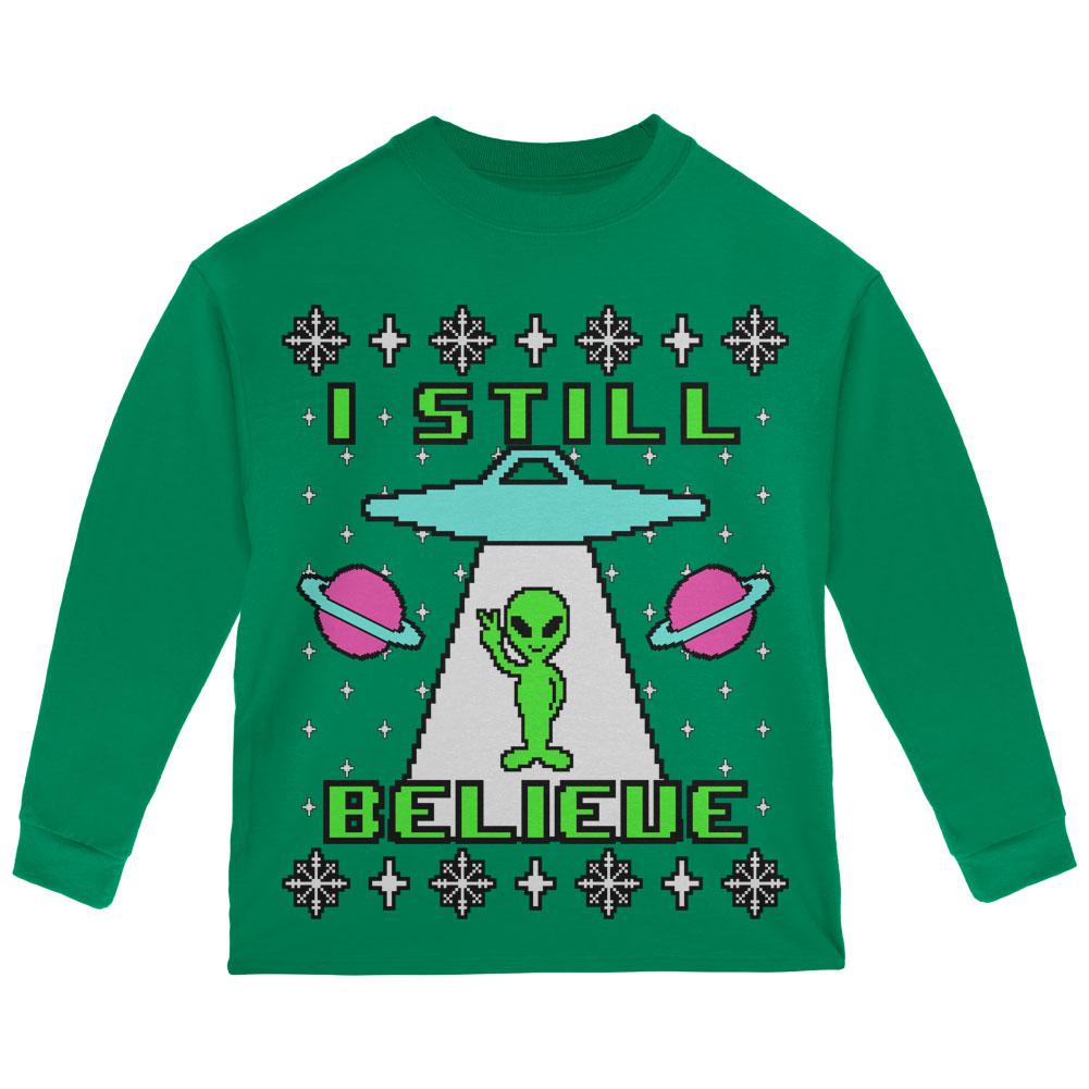 Alien I Still Believe Ugly Christmas Sweater Toddler Long Sleeve T Shirt Toddler Long Sleeves Old Glory 2T Green 