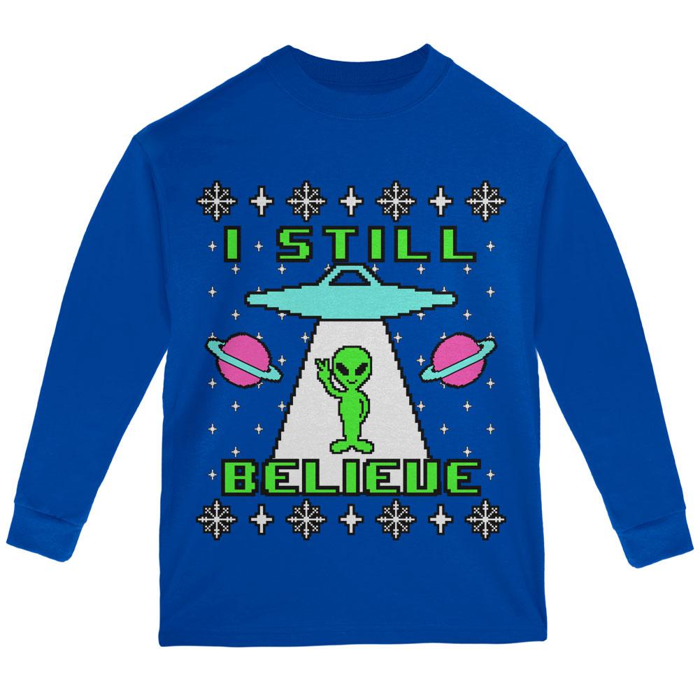 Alien I Still Believe Ugly Christmas Sweater Youth Long Sleeve T Shirt Youth Long Sleeves Old Glory LG Royal 