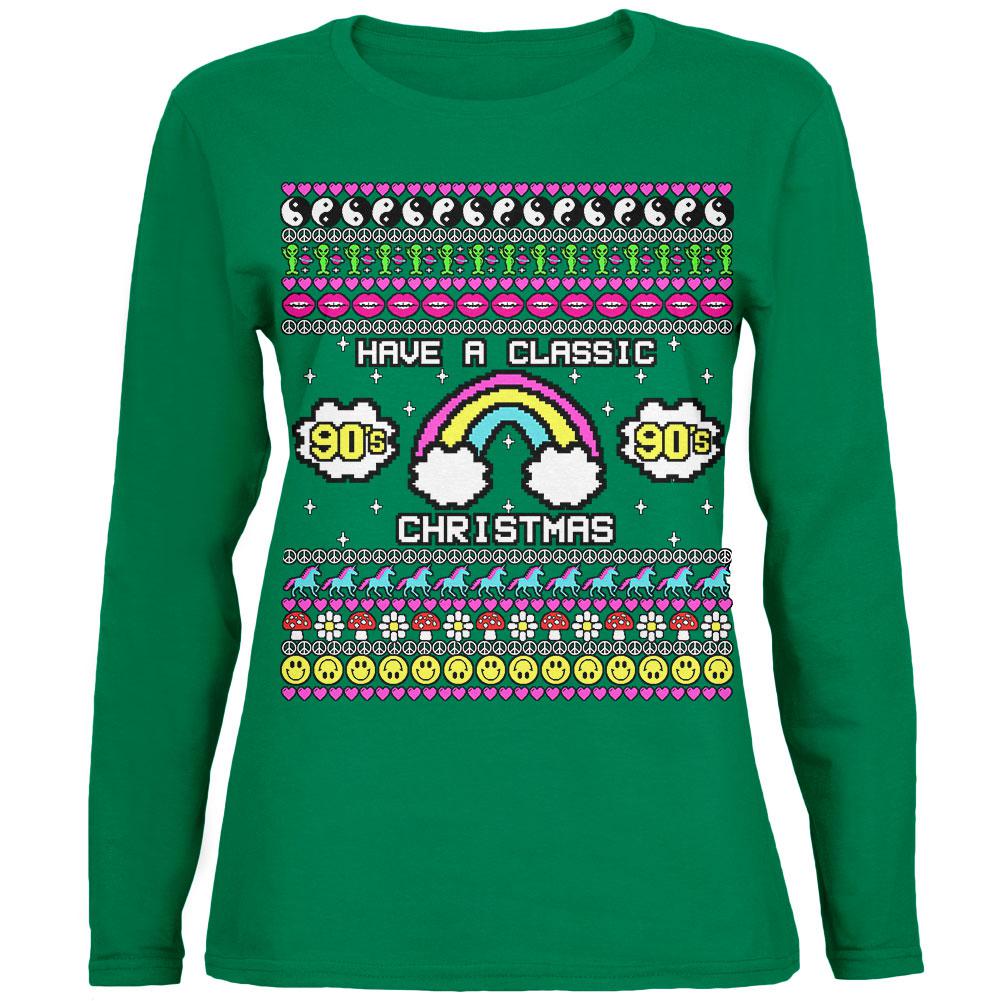 Retro 90s Nostalgia Classic Ugly Christmas Sweater Womens Long Sleeve T Shirt Women's Long Sleeves Old Glory 2XL Green 