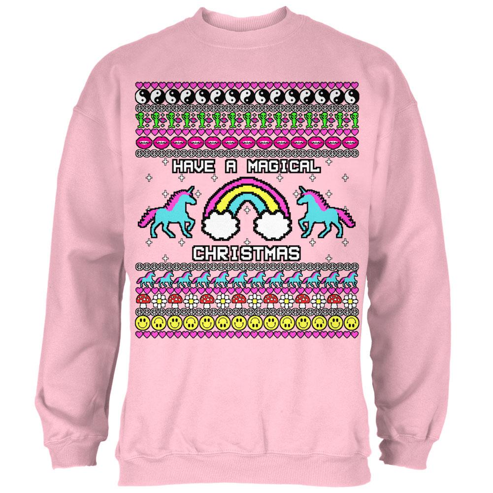 Retro 90s Rainbow Unicorn Magical Ugly Christmas Sweater Mens Sweatshirt Men's Sweatshirts Old Glory 2XL Light Pink 