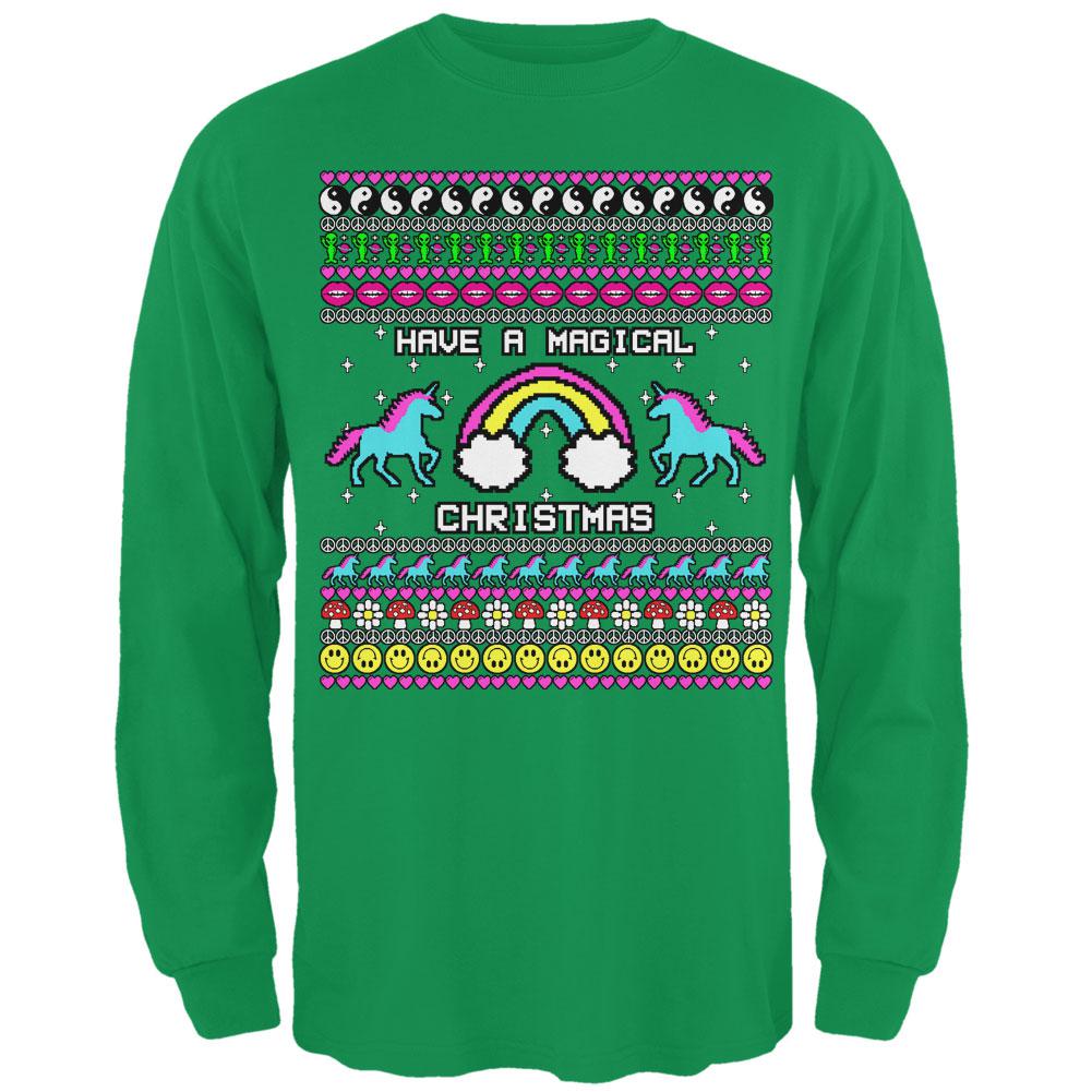 Retro 90s Rainbow Unicorn Magical Ugly Christmas Sweater Mens Long Sleeve T Shirt Men's Long Sleeves Old Glory 2XL Irish Green 