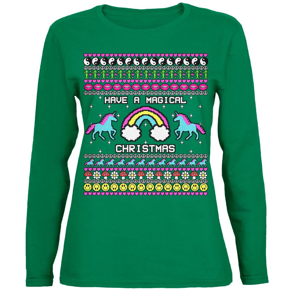 Retro 90s Rainbow Unicorn Magical Ugly Christmas Sweater Womens Long Sleeve T Shirt Women's Long Sleeves Old Glory MD Green 