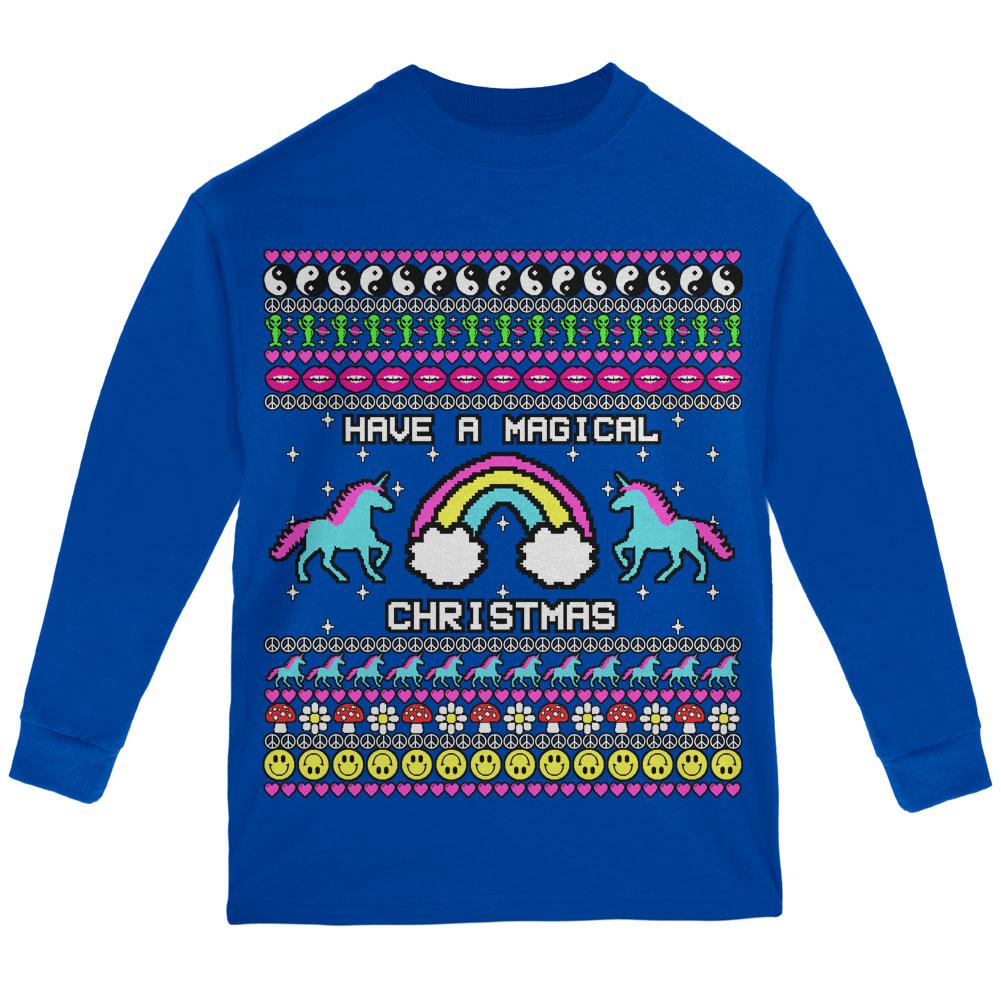 Retro 90s Rainbow Unicorn Magical Ugly Christmas Sweater Youth Long Sleeve T Shirt Youth Long Sleeves Old Glory LG Royal 