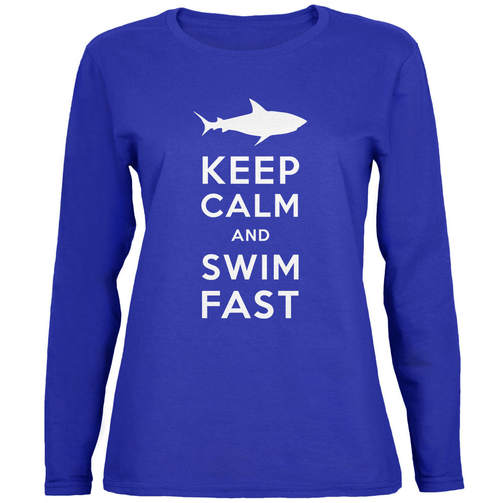 Shark Keep Calm and Swim Fast Womens Long Sleeve T Shirt Women's Long Sleeves Old Glory 2XL Royal 