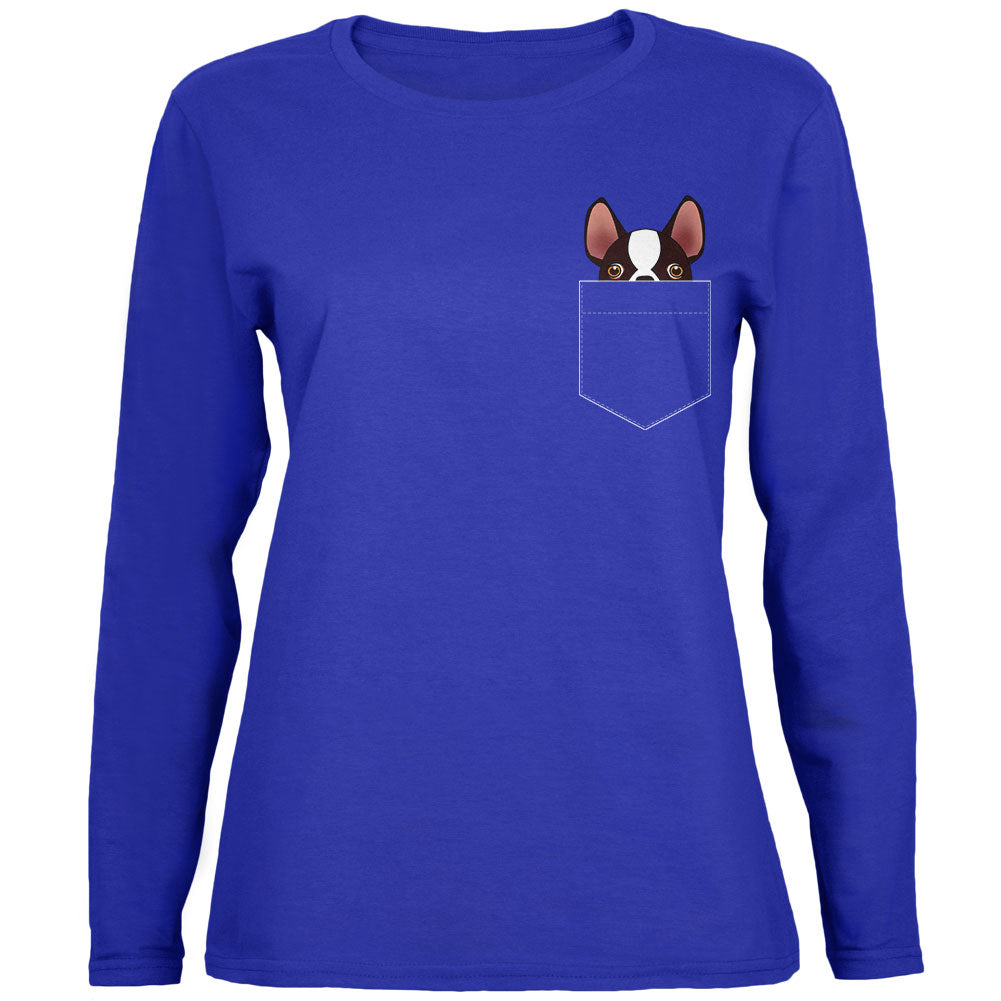 Boston Terrier Pocket Pet Womens Long Sleeve T Shirt Women's Long Sleeves Old Glory 2XL Blue 