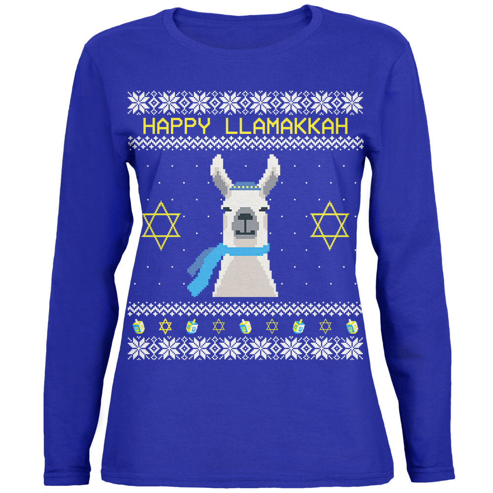 Llama Llamakkah Ugly Hanukkah Sweater Royal Womens Long Sleeve T Shirt Women's Long Sleeves Old Glory 2XL Royal 