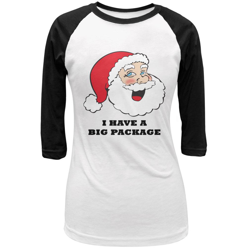 Christmas Santa I Have a Big Package Funny Juniors 3/4 Sleeve Raglan T Shirt Juniors Raglans Old Glory LG White-Black 