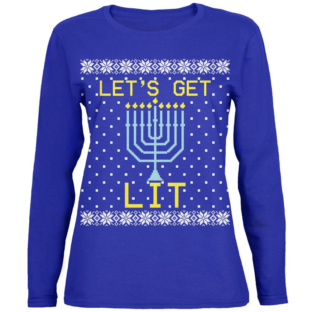 Menorah Get Lit Ugly Hanukkah Sweater Womens Long Sleeve T Shirt Women's Long Sleeves Old Glory 2XL Royal 