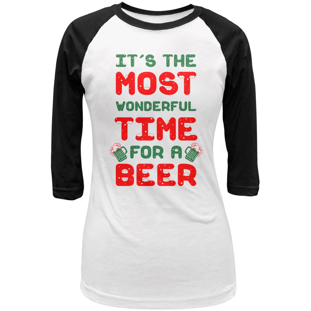 Christmas Most Wonderful Time for a Beer Juniors 3/4 Sleeve Raglan T Shirt Juniors Raglans Old Glory LG White-Black 