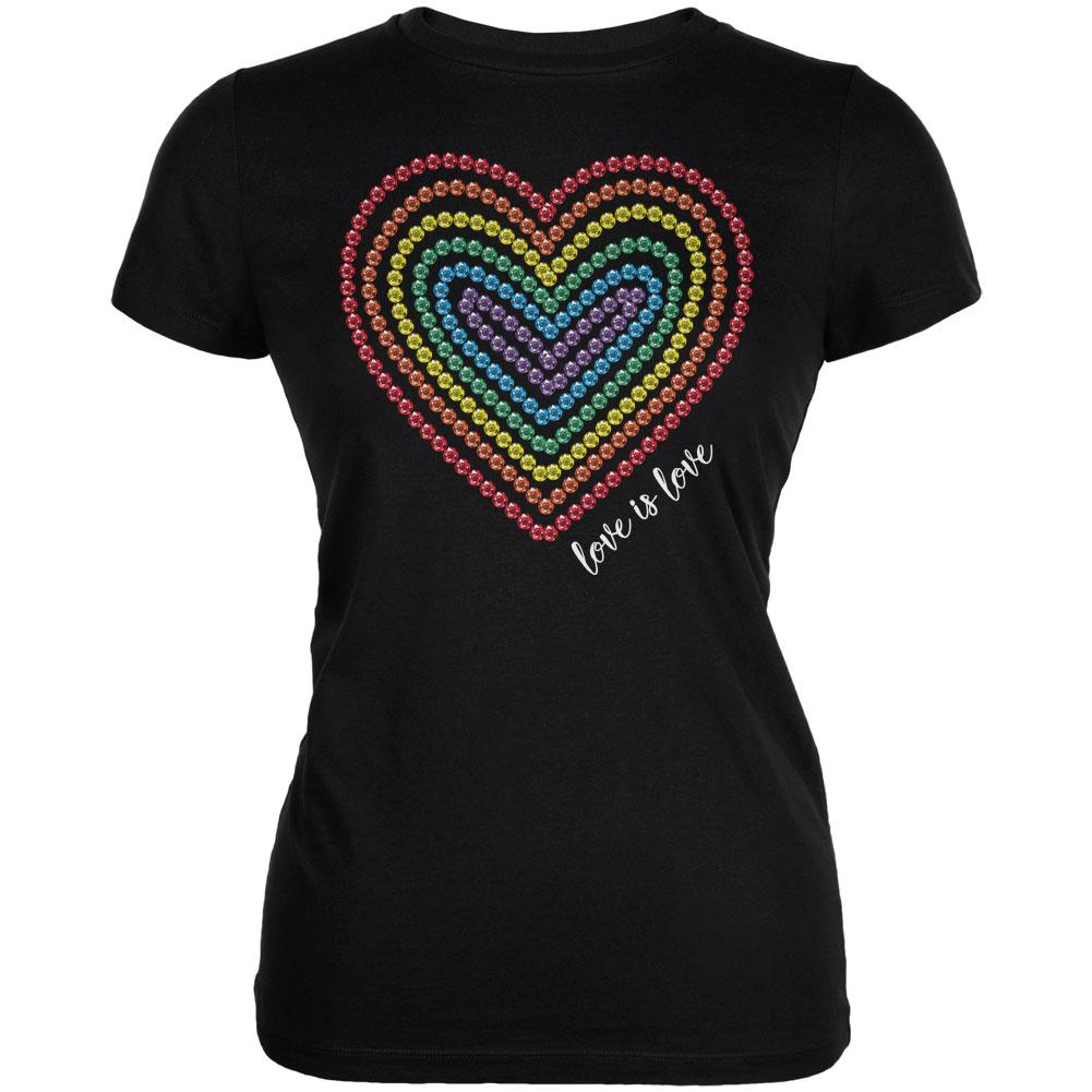 Love is Love Rainbow Gemstone Heart Juniors Soft T Shirt Juniors T-Shirts Old Glory 2XL Black 