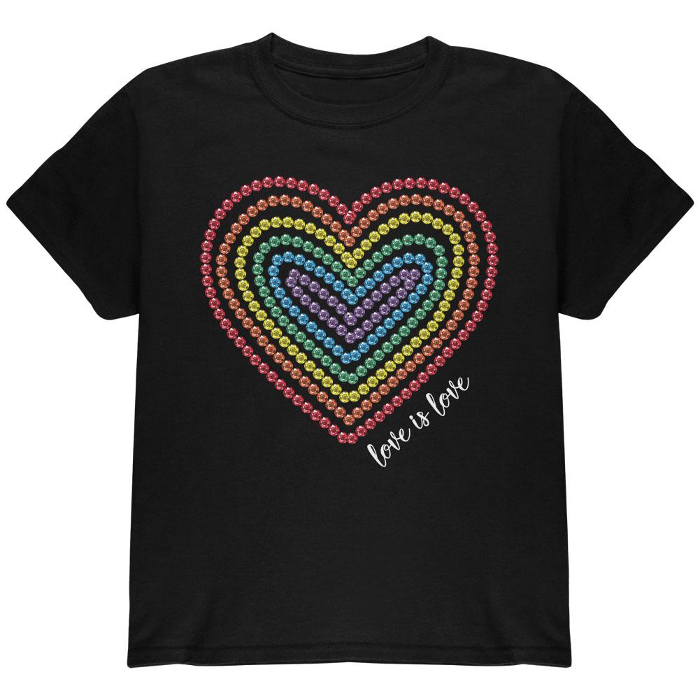 Love is Love Rainbow Gemstone Heart Youth T Shirt Youth T-Shirts Old Glory LG Black 