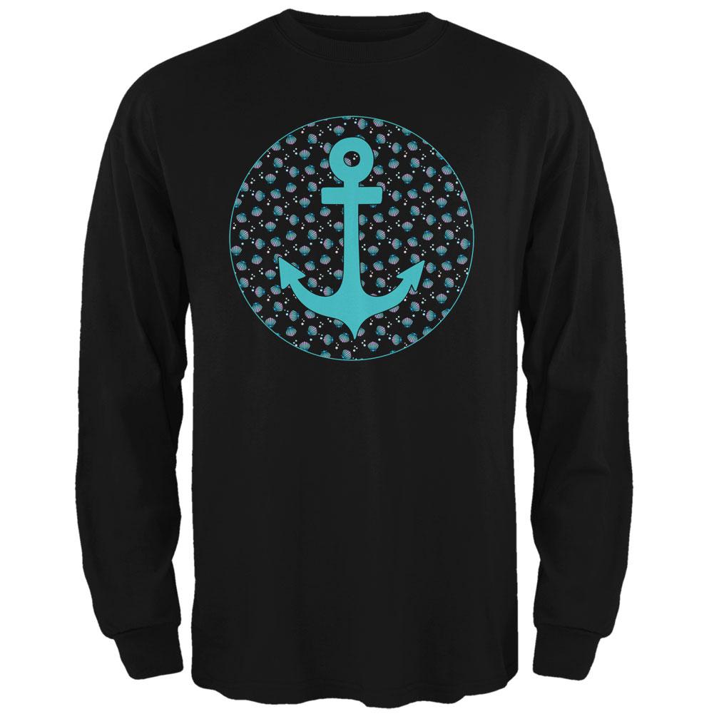 Beachy Anchor Shells Pattern Mens Long Sleeve T Shirt Men's Long Sleeves Old Glory 2XL Black 