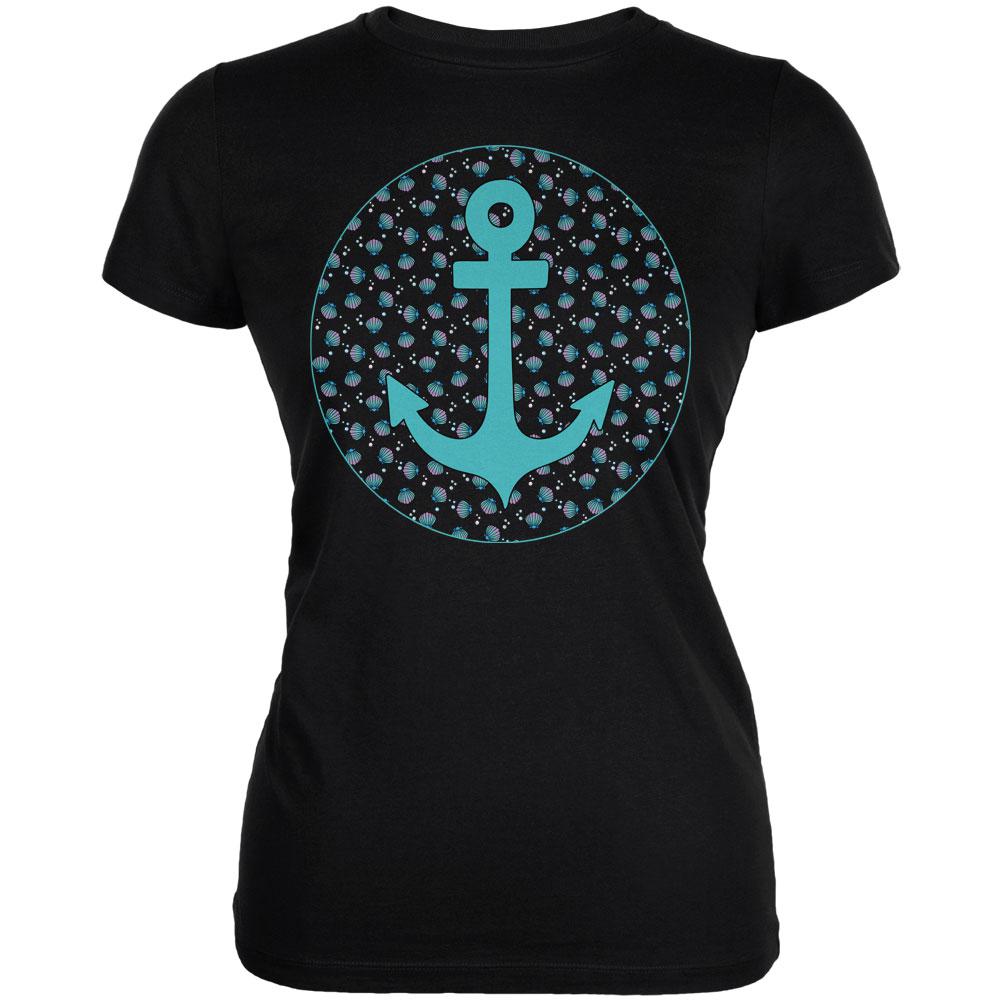 Beachy Anchor Shells Pattern Juniors Soft T Shirt Juniors T-Shirts Old Glory 2XL Black 