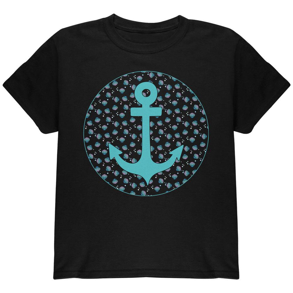 Beachy Anchor Shells Pattern Youth T Shirt Youth T-Shirts Old Glory LG Black 