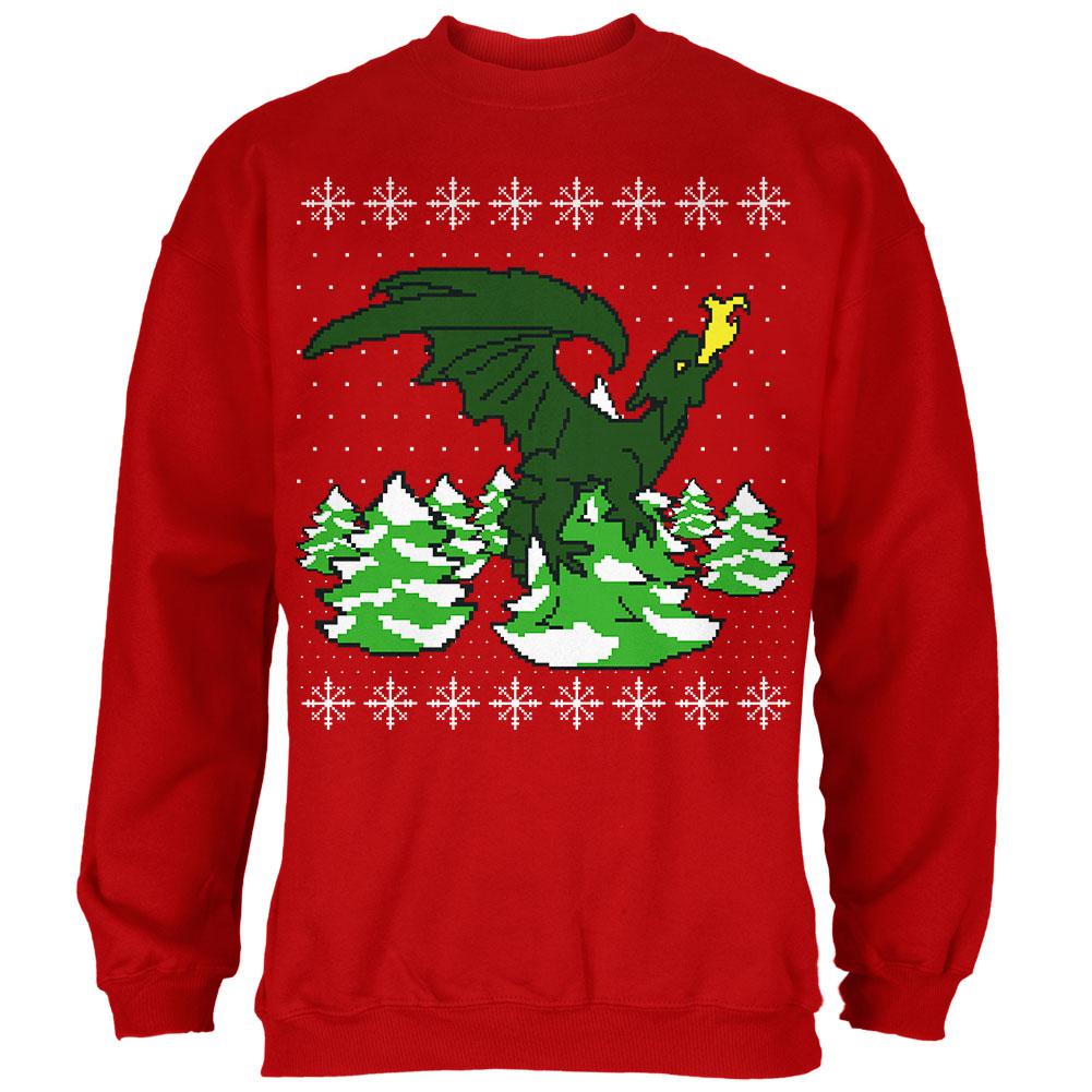 Ugly Christmas Sweater Dragon Winter Mens Sweatshirt Men's Sweatshirts Old Glory SM Red 