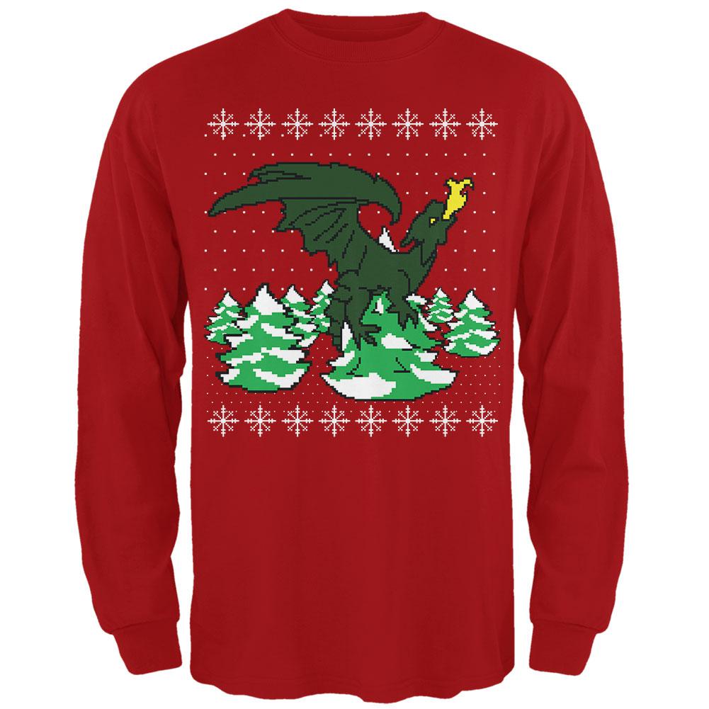 Ugly Christmas Sweater Dragon Winter Mens Long Sleeve T Shirt Men's Long Sleeves Old Glory 2XL Red 