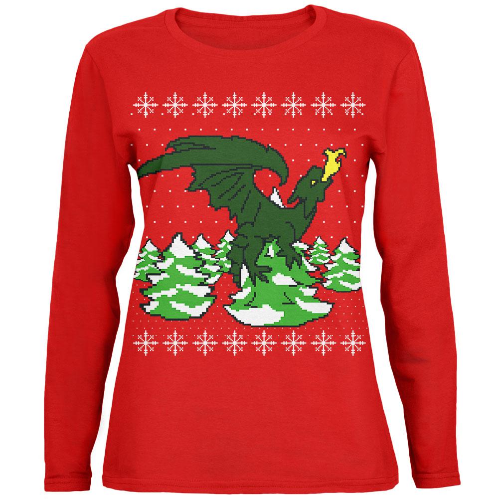 Ugly Christmas Sweater Dragon Winter Womens Long Sleeve T Shirt Women's Long Sleeves Old Glory 2XL Red 