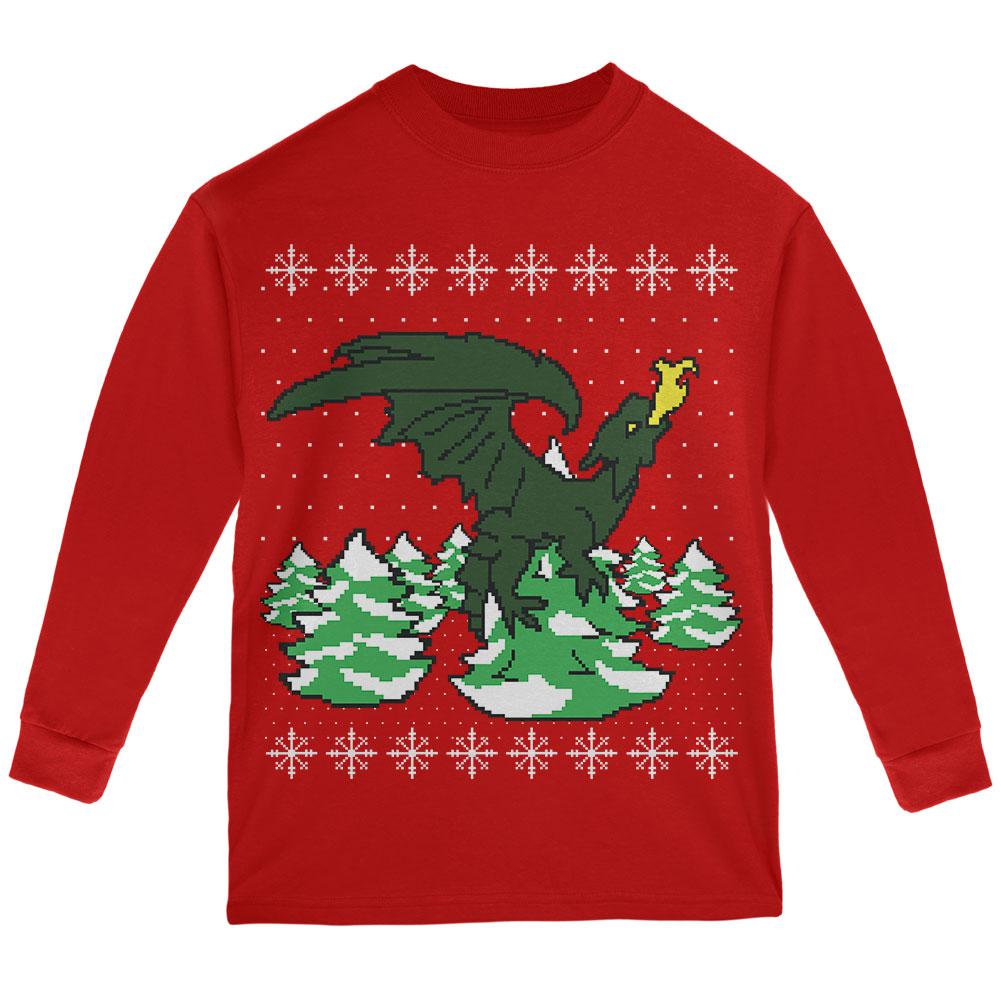 Ugly Christmas Sweater Dragon Winter Youth Long Sleeve T Shirt Youth Long Sleeves Old Glory LG Red 