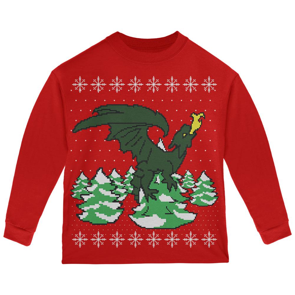 Ugly Christmas Sweater Dragon Winter Toddler Long Sleeve T Shirt Toddler Long Sleeves Old Glory 2T Red 