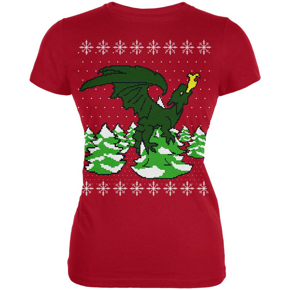 Ugly Christmas Sweater Dragon Winter Juniors Soft T Shirt Juniors T-Shirts Old Glory 2XL Red 