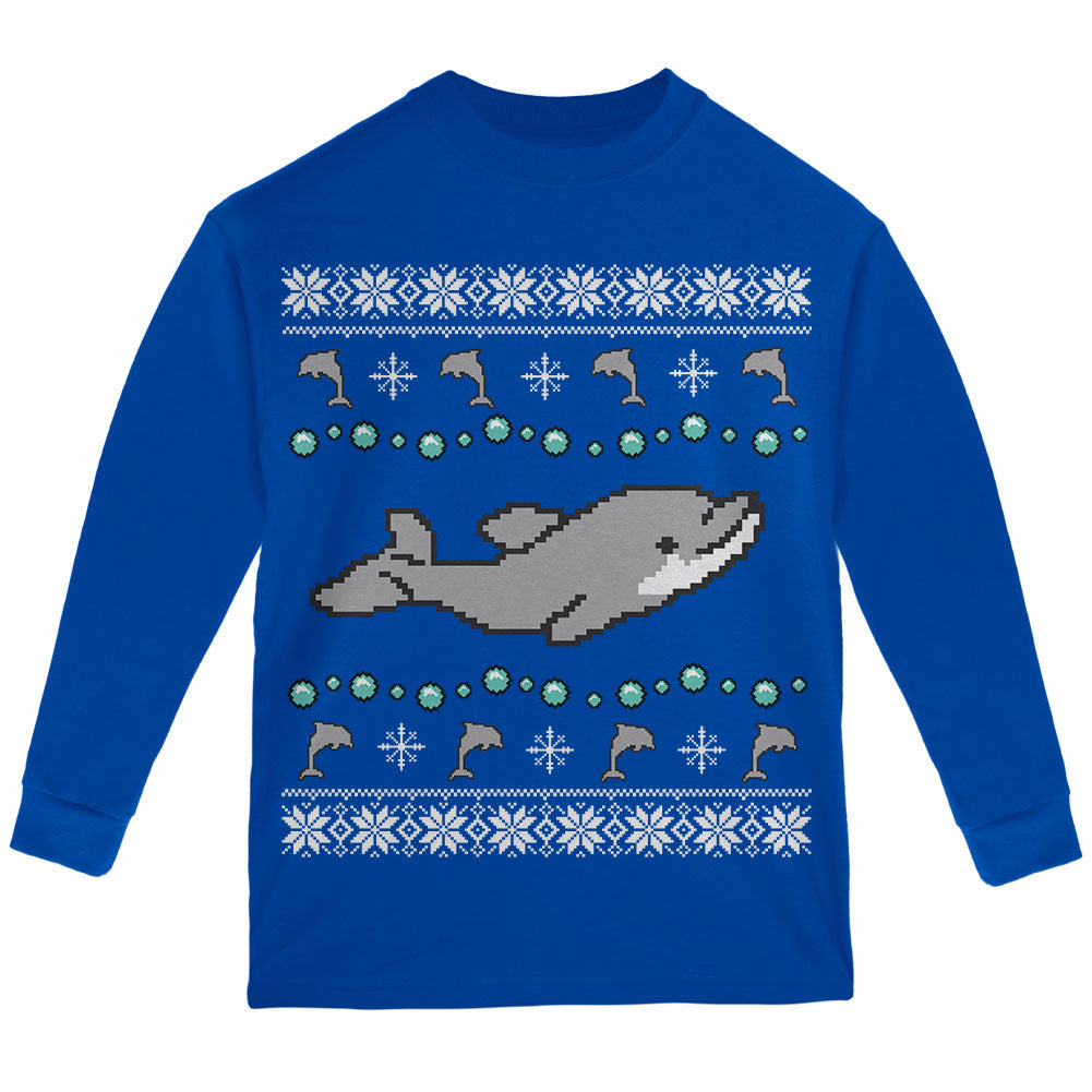 Ugly Christmas Sweater Dolphin Youth Long Sleeve T Shirt Youth Long Sleeves Old Glory YLG Blue 