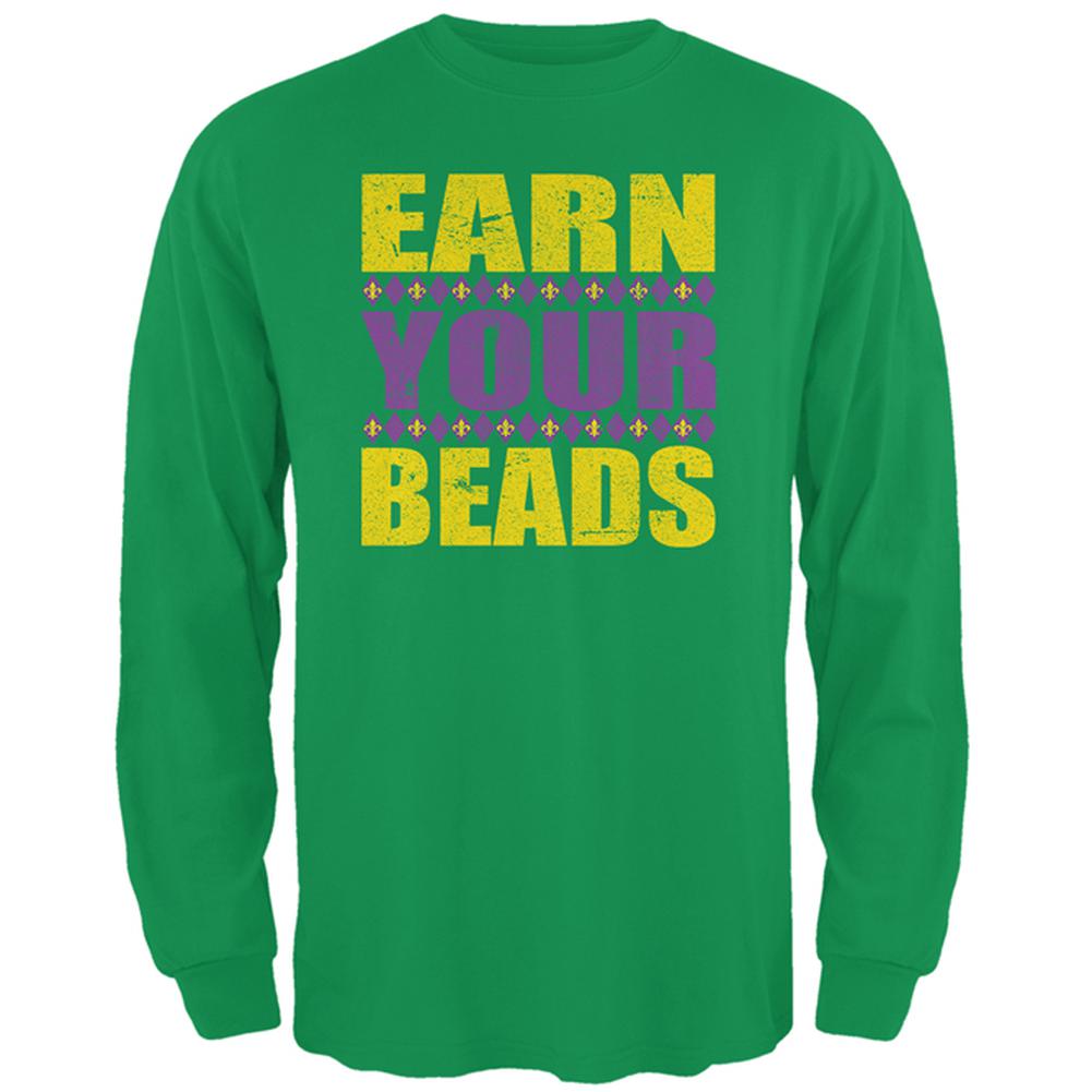 Mardi Gras Earn Your Beads Funny Mens Long Sleeve T Shirt Men's Long Sleeves Old Glory 2XL Irish Green 