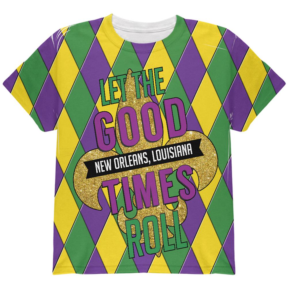 Mardi Gras Let the Good Times Roll Jester All Over Youth T Shirt Youth T-Shirts Old Glory LG Multi 