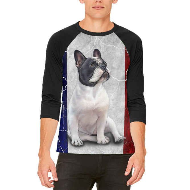 French Bulldog Live Forever Flag Mens Raglan T Shirt Men's T-Shirts Old Glory LG White-Black 