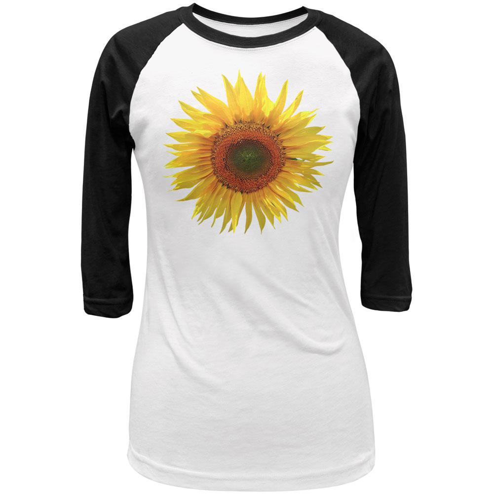 Giant Sunflower Juniors 3/4 Sleeve Raglan T Shirt Juniors T-Shirts Old Glory LG White-Black 
