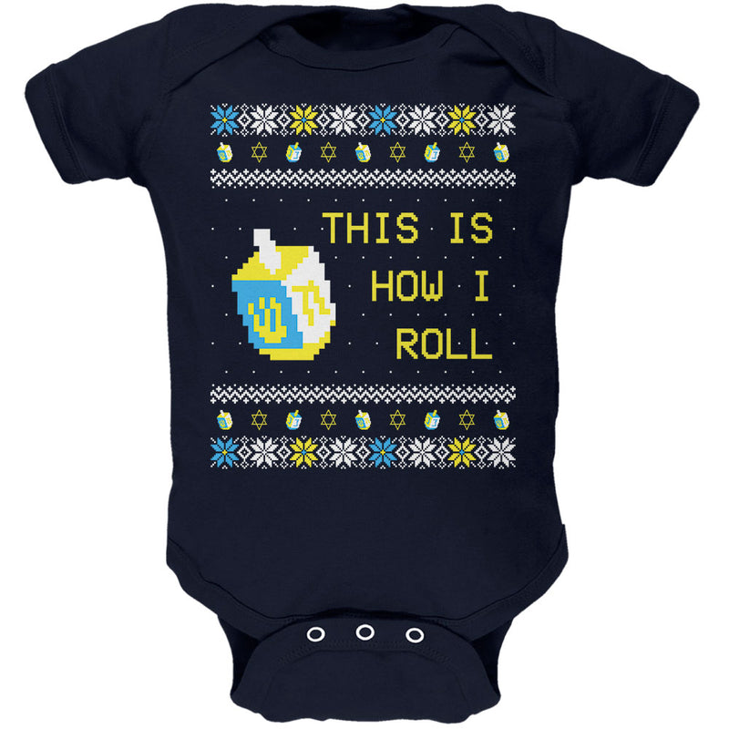 Hanukkah This is How I Roll Dreidel Ugly Christmas Sweater Soft Baby One Piece Baby One Piece Old Glory 0-3M Navy 