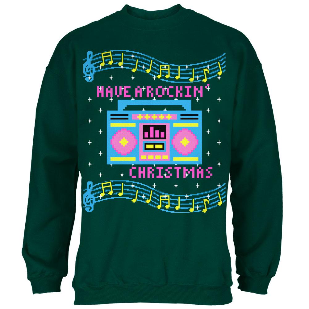 Retro Boombox Music Have a Rockin' Ugly Christmas Sweater Mens Sweatshirt Men's Sweatshirts Old Glory SM Forest Green 