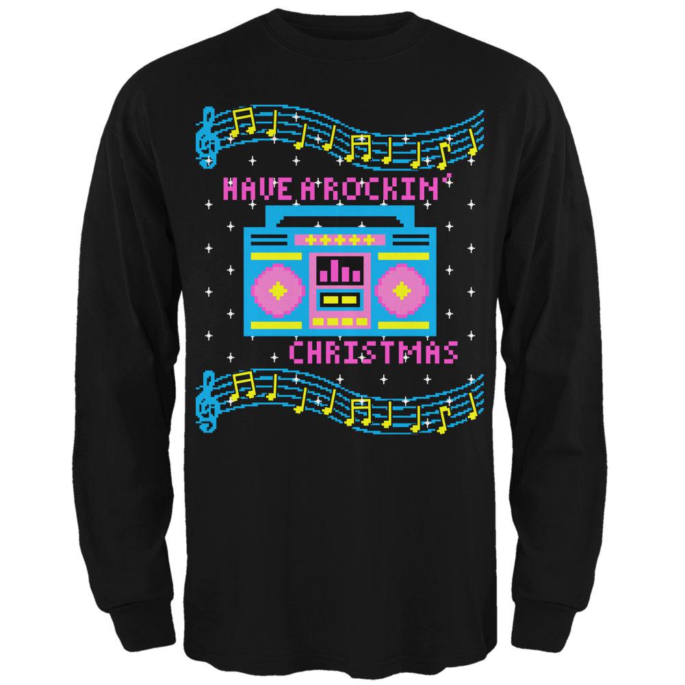 Retro Boombox Music Have a Rockin' Ugly Christmas Sweater Mens Long Sleeve T Shirt Men's Long Sleeves Old Glory 2XL Black 