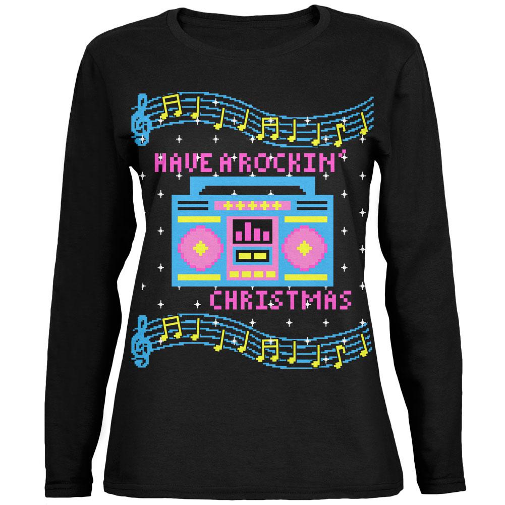 Retro Boombox Music Have a Rockin' Ugly Christmas Sweater Ladies' Long-Sleeve Tee Women's Long Sleeves Old Glory 2XL Black 