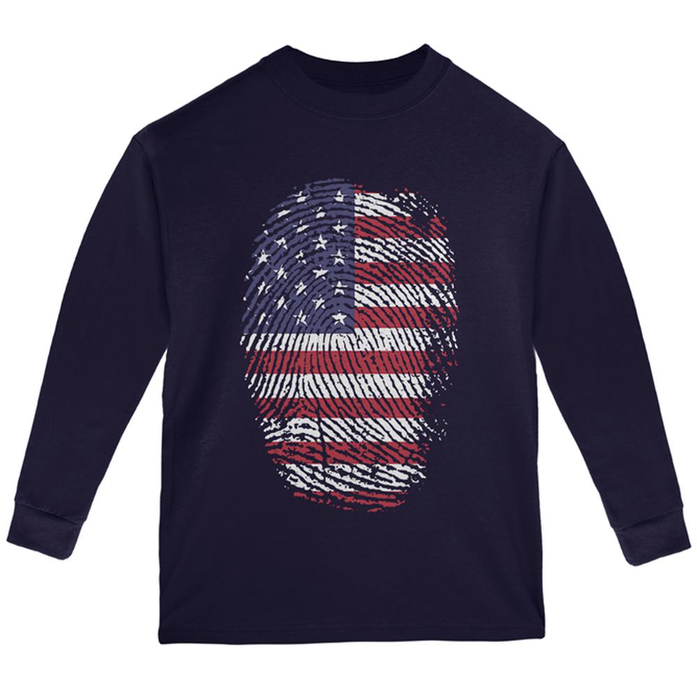 4th of July American Flag Pride Thumbprint Youth Long Sleeve T Shirt Youth Long Sleeves Old Glory LG Navy 