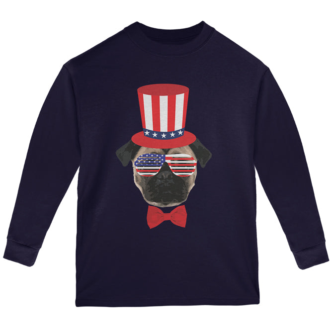 4th of July Funny Pug Youth Long Sleeve T Shirt Youth Long Sleeves 4th of July YLG Navy 