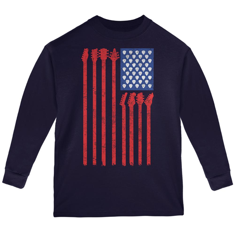 4th Of July Stars and Strings Guitar American Flag Youth Long Sleeve T Shirt Youth Long Sleeves Old Glory LG Navy 