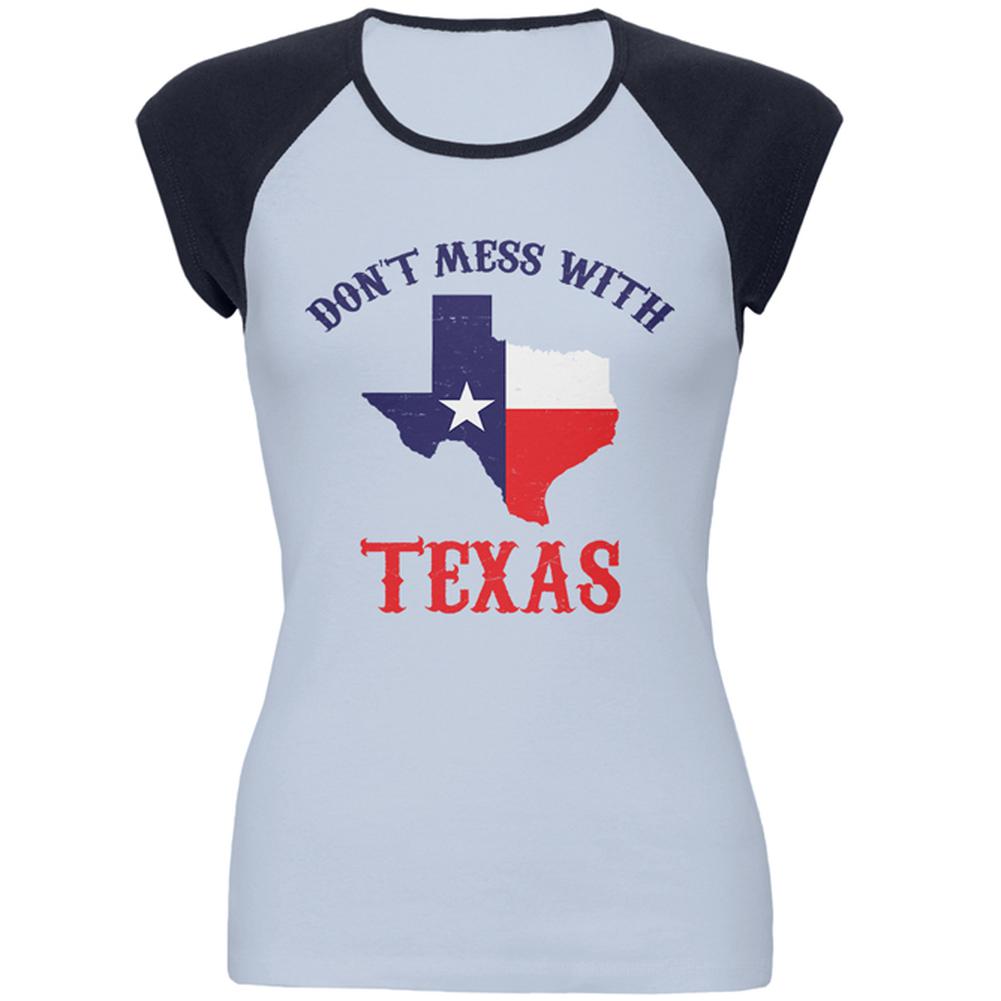 Don't Mess With Texas Juniors Cap-Sleeve Raglan T Shirt Juniors T-Shirts Old Glory LG Light Blue-Navy 