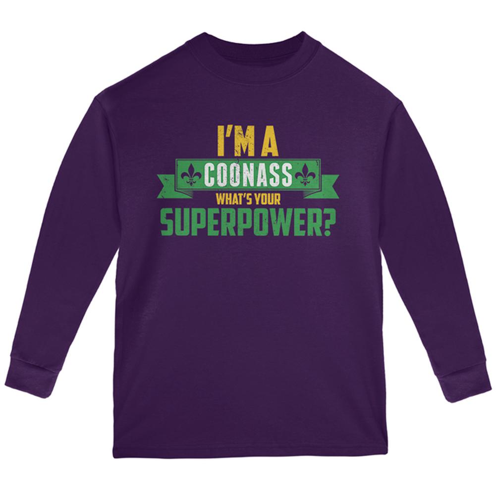 Mardi Gras I'm a Coonass What's Your Superpower Youth Long Sleeve T Shirt Youth Long Sleeves Old Glory LG Purple 