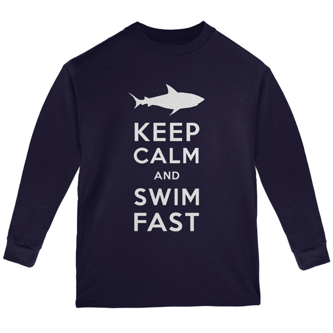 Shark Keep Calm and Swim Fast Youth Long Sleeve T Shirt Youth Long Sleeves Old Glory YLG Navy 