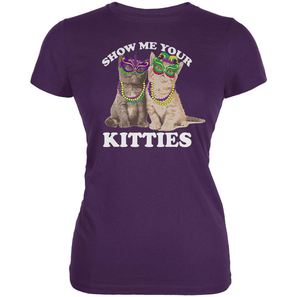 Mardi Gras Show Me Your Kitties Funny Pun Juniors Soft T Shirt Juniors T-Shirts Old Glory 2XL Purple 