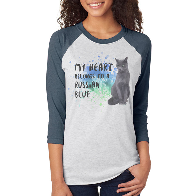 My Heart Belongs Russian Blue Cat Unisex Raglan T Shirt Men's T-Shirts Old Glory 2XL Indigo 