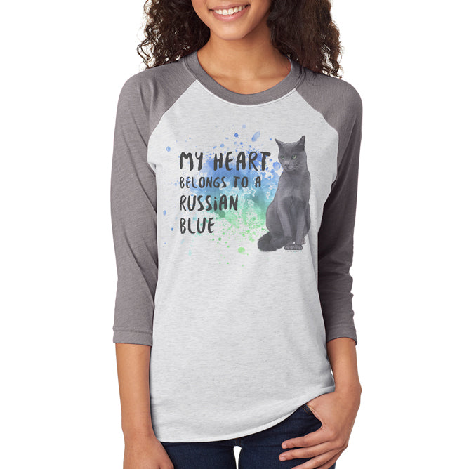 My Heart Belongs Russian Blue Cat Unisex Raglan T Shirt Men's T-Shirts Old Glory 2XL White 