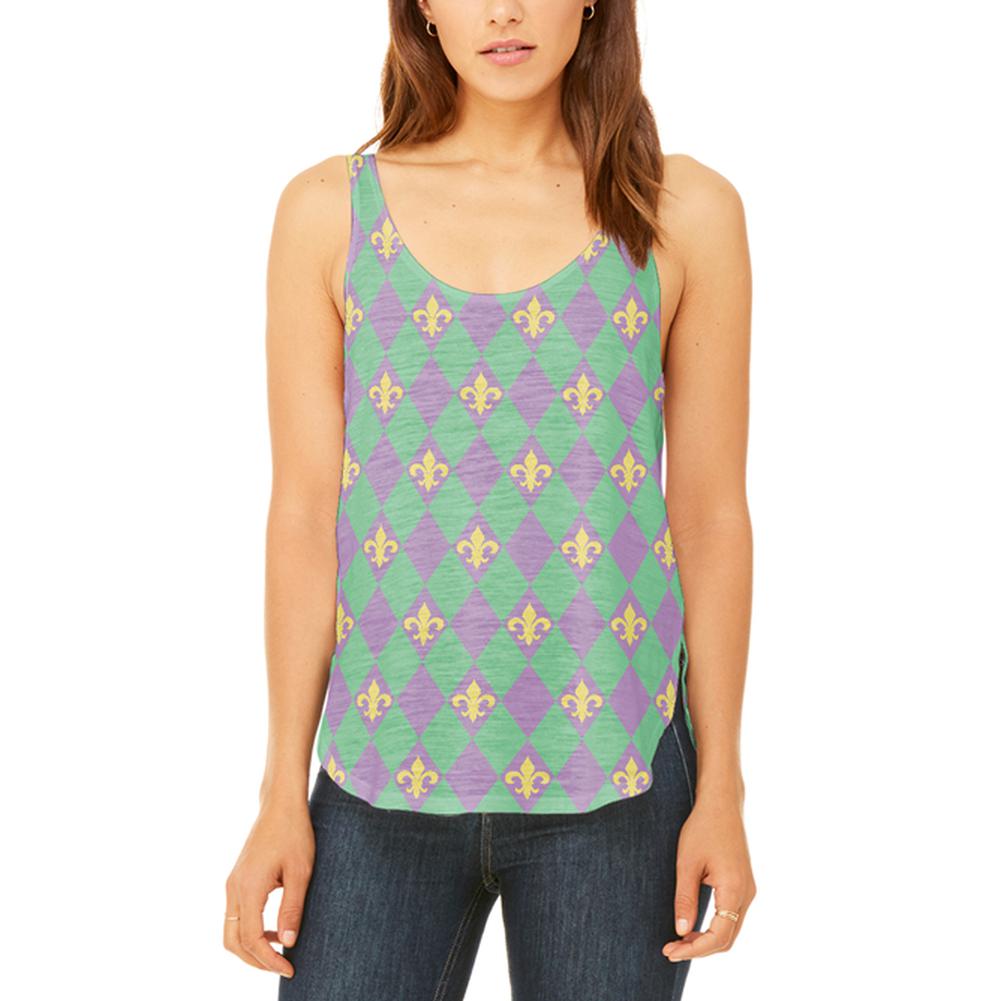 Mardi Gras Fleur De Lis Juniors Flowy Side Slit Tank Top Juniors Tank Tops Old Glory 2XL Multi 