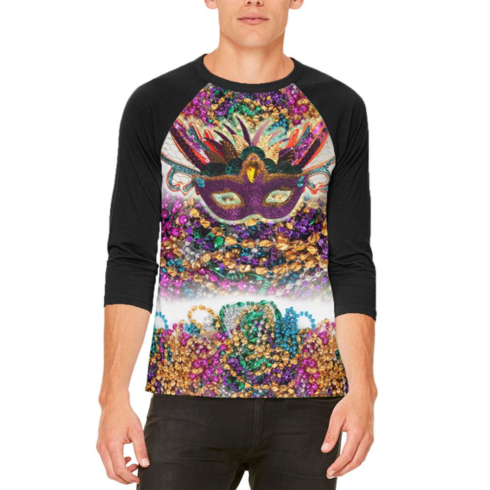 Mardi Gras Trippy Mask Beads Mens Raglan T Shirt Men's T-Shirts Old Glory 2XL White-Black 