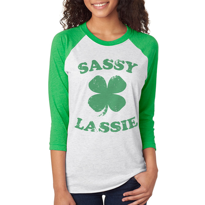 St. Patricks Day Sassy Irish Lassie Unisex Raglan T Shirt Women's T-Shirts Old Glory XS Green 