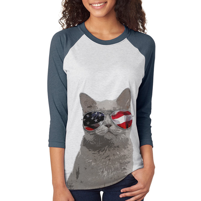 4th of July Meowica Cat American Flag Unisex Raglan T Shirt Men's T-Shirts 4th of July 2XL Indigo 