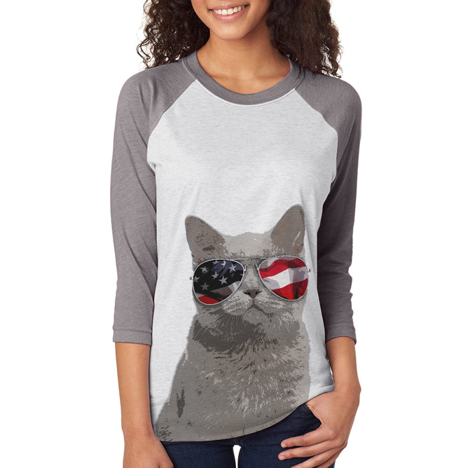 4th of July Meowica Cat American Flag Unisex Raglan T Shirt Men's T-Shirts 4th of July 2XL White 