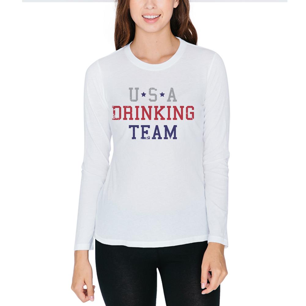 4th of July USA Drinking Team Juniors Long Sleeve T-Shirt Juniors Long Sleeves Old Glory 2XL White 