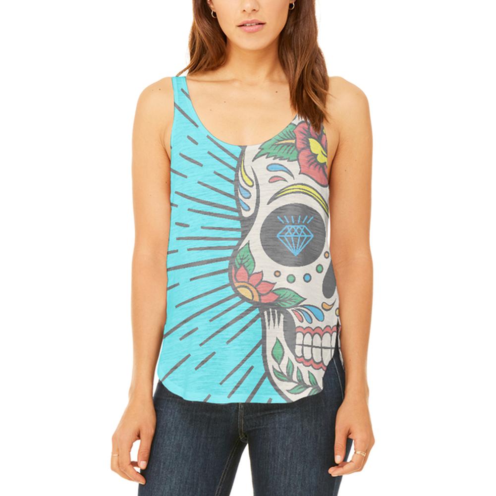 Sugar Skull Juniors Flowy Side Slit Tank Top Juniors Tank Tops Old Glory 2XL Multi 