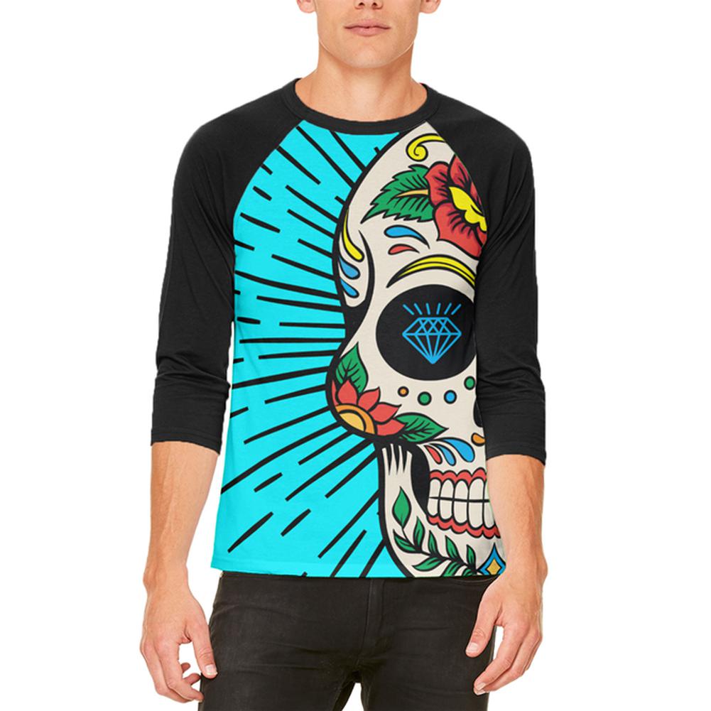 Sugar Skull Mens Raglan T Shirt Men's T-Shirts Old Glory 2XL White-Black 